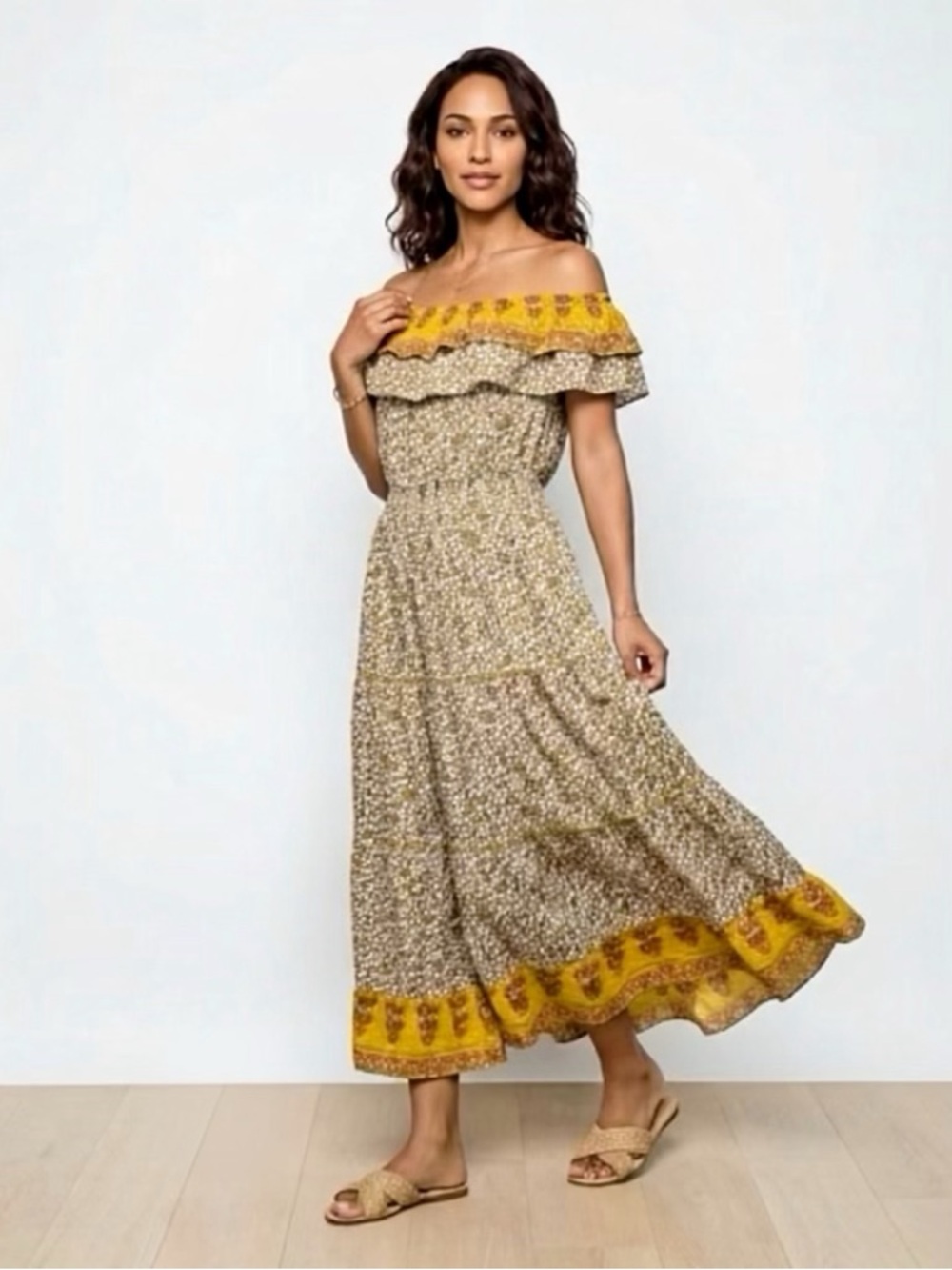 Boho Off-Shoulder Floral Maxi Dress in Yellow and Cream Ruffle